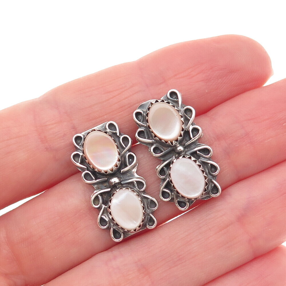 Old Pawn 925 Sterling Silver Vintage Southwestern MOP Oxidized Tribal Earrings